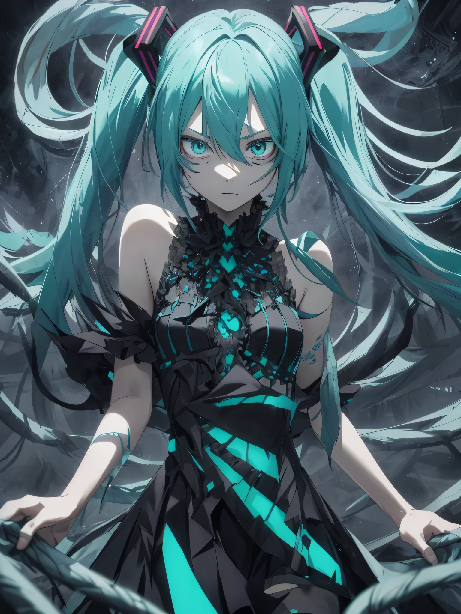 Create an image of a distorted and sinister version of Hatsune Miku. Her turquoise hair is a tangled, disheveled mass, with tentacles that move like snakes around her, some parts turned into sharp spines. His eyes are deep pits of darkness, with no visible irises, just dilated pupils that seemingly absorb the light around them. His skin is pale and translucent, with dark markings and black veins that pulse with malignant energy. She wears a torn dress covered in patterns that move and change, with shards of colored lights flashing along the fabric. As it moves, it appears to float gently above the ground, emanating an aura of coldness and fear, a presence that does not belong to the world of the living.