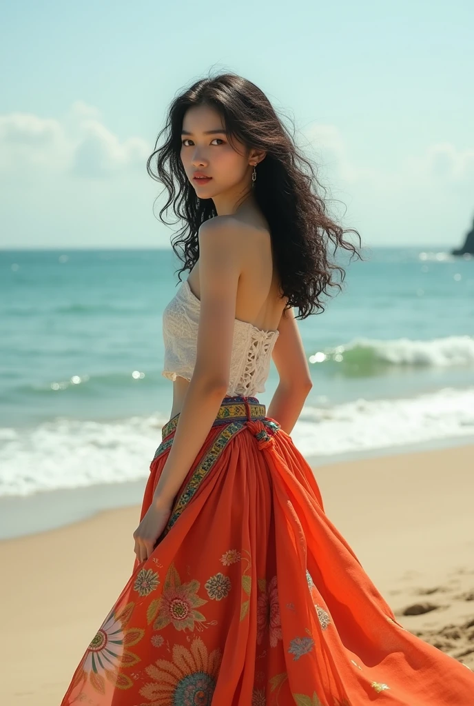 A young and beautiful Korean woman with curly hair, wearing a skirt similar to those of Spanish gypsies, standing by a beach where no other people are visible.