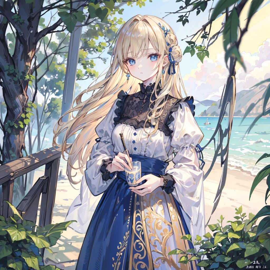 (masterpiece: 1.2, best quality), Practical, (Practical Picture, Intricate details, Depth of Field), best quality, masterpiece, Very detailed, Semi Practical, 1 girl, Mature female, 21 years old, blond, Shoulder-length hair, Left eye covered by hair, blue eyes, King's Clothes, Red cape, Slim body, A crown made of precious gold, Read the document, Tag the file, quill, desk, Soft stool, palace, 在palace殿里, In the Middle Ages