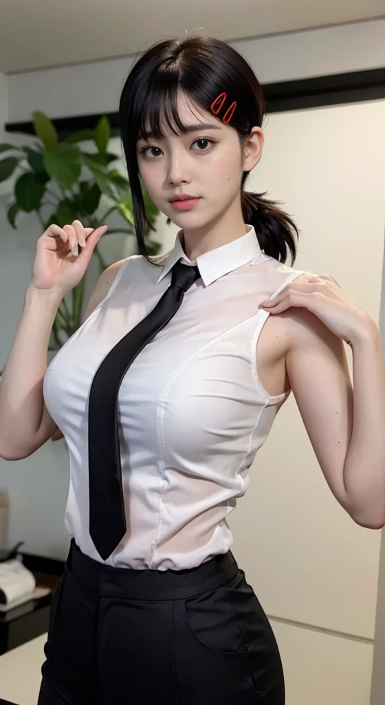 Highest quality、Ultra-high resolution、Professional Lighting、Detailed Background、workroom、full body,Kobeni-chan、A sloppy smile、25-year-old woman、beautiful girl、(Kobeni-chan、Jet black hair, Black Hair, bangs, One-sided hair,)、(Red Hair Clip:1.1)、(White shirt:1.2)+(Black tie:1.2)+(black long pants for work:1.2)、(Huge breasts that look like they might burst:1.2)、(Big thighs:1.1)、Are standing、Model pose, wet shirt, see through shirt, sleeveless shirt, arms up