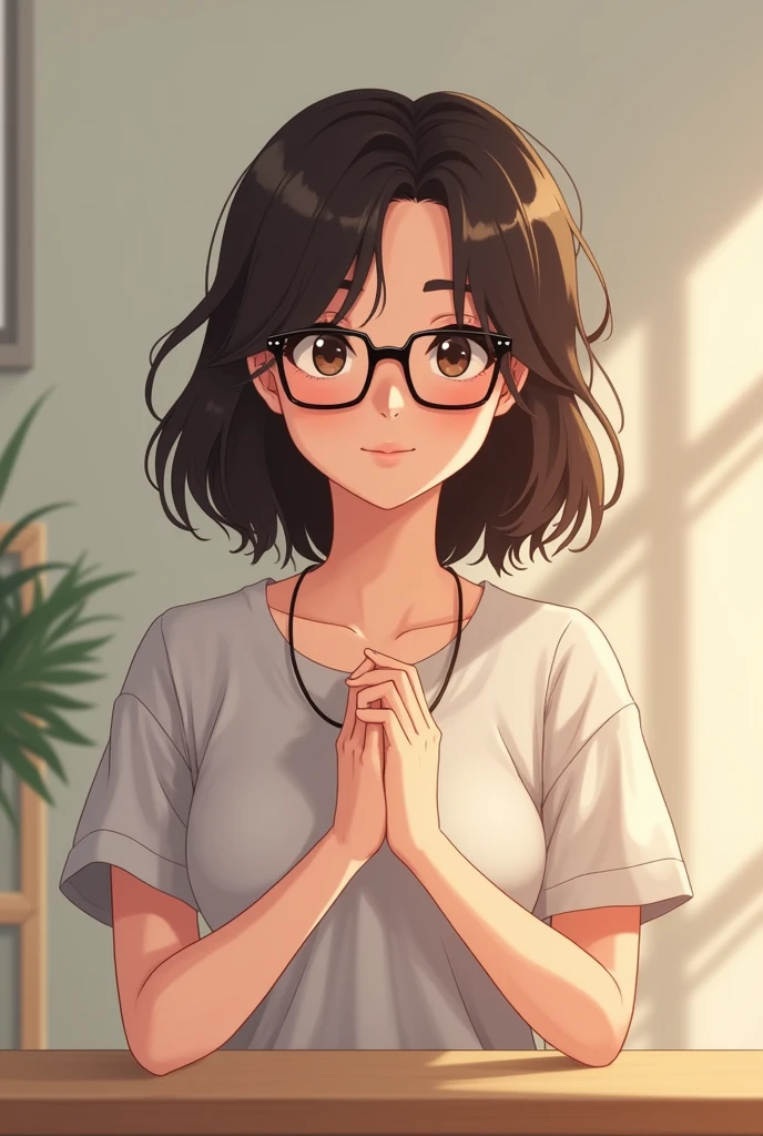 A 32-year-old mother, dark colored eyes wearing black colored glasses, young appearance, medium short brown hair not so dark and cut in layers. Very kind and affectionate. Who wears loose classic clothing. Anime or Fanart version
