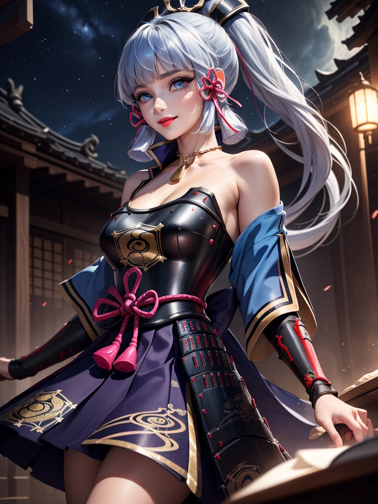 ((masterpiece)),(bestquality),((ultra-detailed)), ((beautiful detailed sky)), ((cinematic lighting)), depth of field, (dynamic angle),detailed lighting,((beautiful detailed eyes)), (night sky view), red lip, smile,eyeshadow,large breast, cleavage, ((bare arm, short skirt , off shoulders, sexy)), ((kamisatoayakadef))