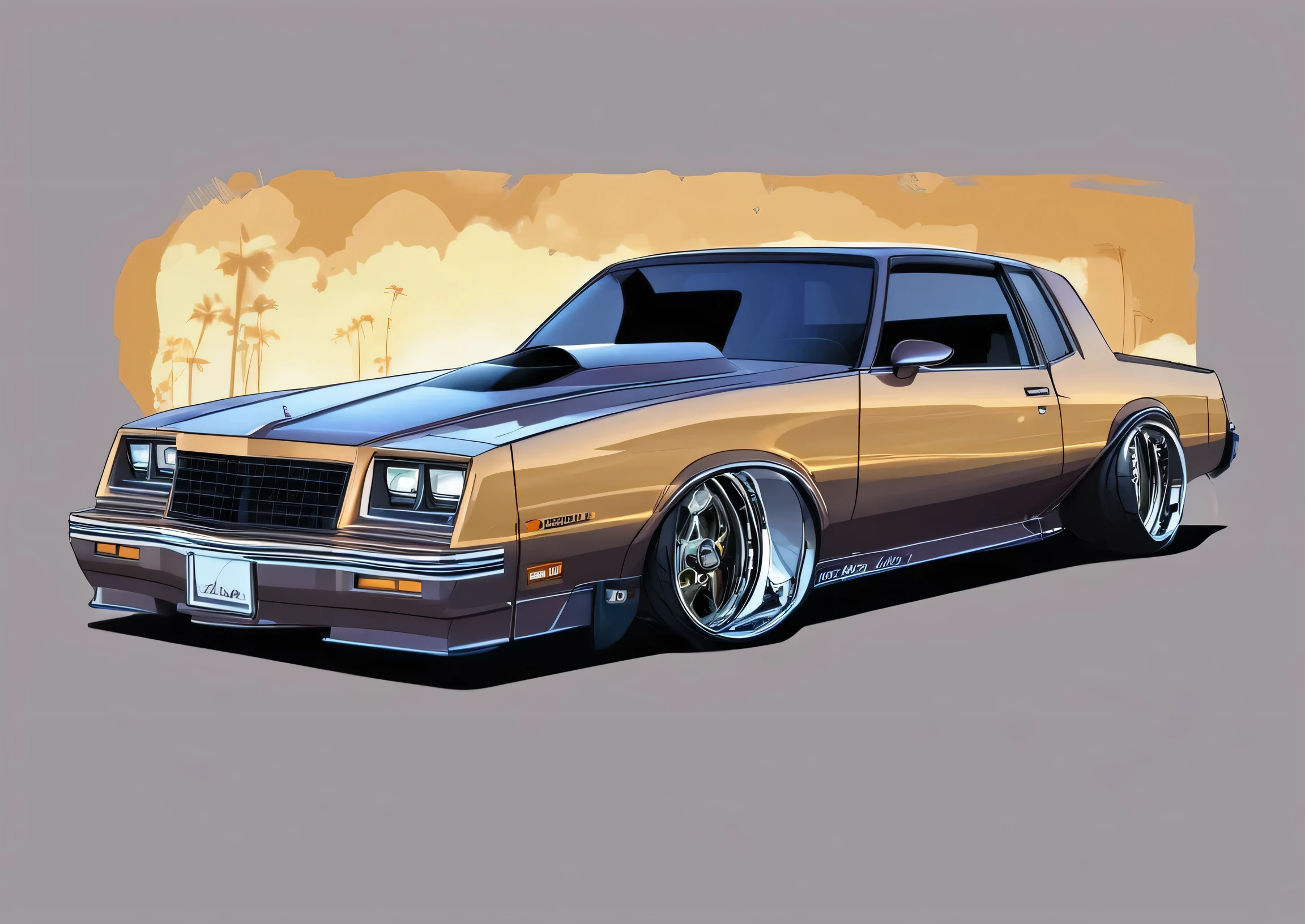 1986 chevy monte carlo ss pop art, cartoonish style , sketch, comic, detailed illustration, large chrome wheels, slammed to the ground, wide bodykit, masterpiece, highly detailed ((([simple  grey background])))

