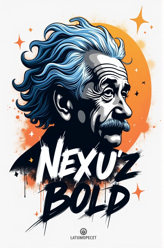 I want a logo for my urban clothing brand with minimalist graffiti style letters and these ideas Text: "Nexu&#39;z Bold" in graffiti style.
Visual Elements: Einstein&#39;s hair styled as part of the design, mixed with astronomical elements such as stars and planets.
colors: Use black and grey for an urban touch, with blue accents, orange, white and silver to represent physics.
urban style: Incorporate textures and details like graffiti, urban patterns and spray effects
