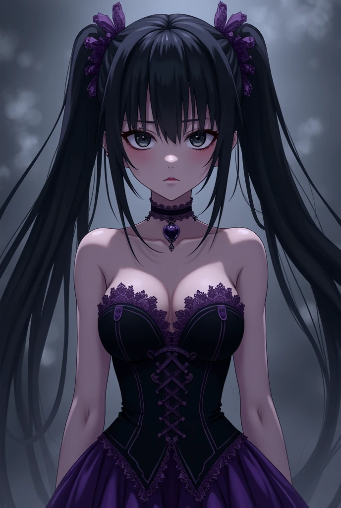 Kizi, black anime eyes, pale skin frowning face, black hair with two long straight ponytails, black corset with purple lace and black and purple skirt, anime styling.