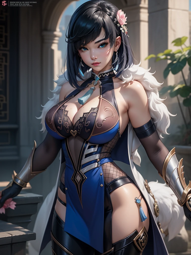 A sexy woman wearing a white and pink lotus lace armor skirt, Chengwei Pan on ArtStation, by Yang J, detailed fantasy art, awesome character art, Fanart Mejor ArtStation, epic exquisite character art, beautiful armor, Extremely detailed artgerm, Detailed digital anime art, Artgerm and ArtStation Pixiv, armor girl, cleavage big breasts:1.2, (mini skirt:1,5)