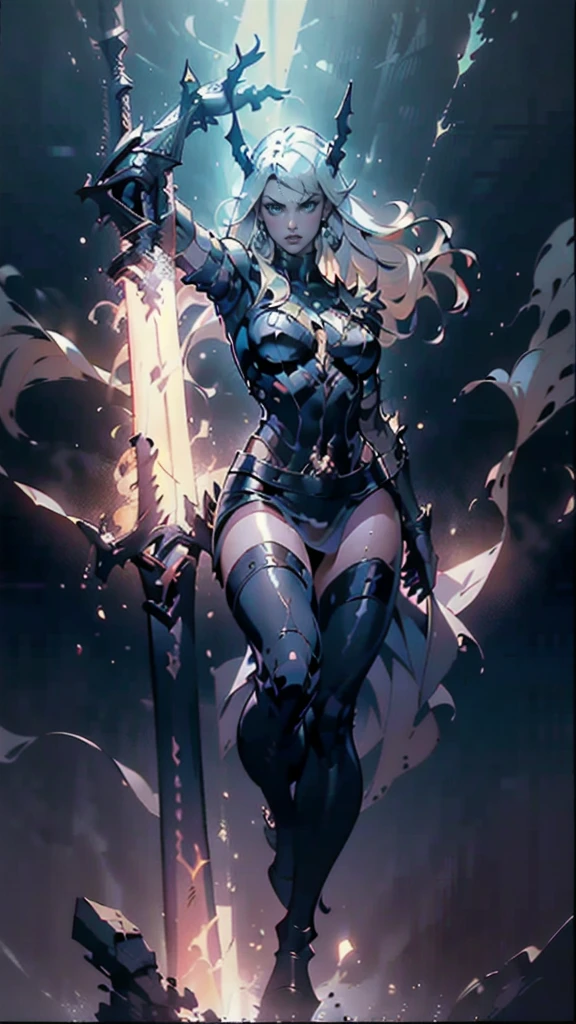 (full body portrait), Magik of X-men, Illyana Rasputin with long white hair, piercing blue eyes, wearing a low cut unitard with high cut legs, tight thigh high boots, holding a glowing magical sword, jumping with sword raised back behind head, huge overhead swing of sword, floating in a mystical realm with swirling energy, (best quality,8k,highres,masterpiece:1.2),ultra-detailed,realistic,photorealistic,photo-realistic:1.37,concept art,dark fantasy,digital painting,dramatic lighting,cinematic,intricate details,ethereal,otherworldly atmosphere