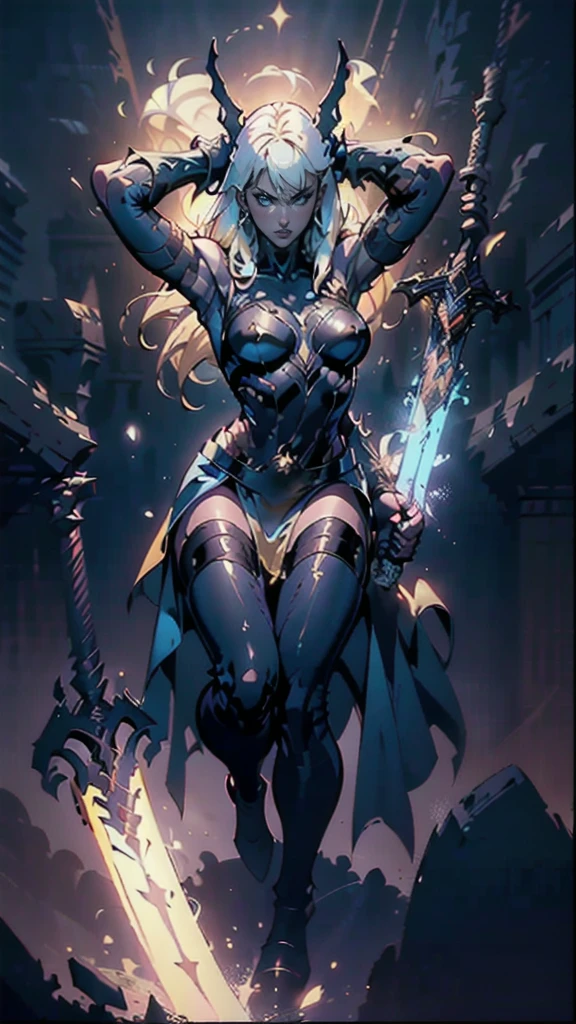 (full body portrait), Magik of X-men, Illyana Rasputin with long white hair, piercing blue eyes, wearing a low cut unitard with high cut legs, tight thigh high boots, holding a glowing magical sword, jumping with sword raised back behind head, huge overhead swing of sword, floating in a mystical realm with swirling energy, (best quality,8k,highres,masterpiece:1.2),ultra-detailed,realistic,photorealistic,photo-realistic:1.37,concept art,dark fantasy,digital painting,dramatic lighting,cinematic,intricate details,ethereal,otherworldly atmosphere