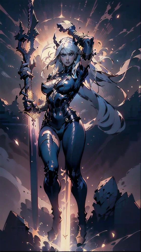 (full body portrait), Magik of X-men, Illyana Rasputin with long white hair, piercing blue eyes, wearing a low cut unitard with high cut legs, tight thigh high boots, holding a glowing magical sword, jumping with sword raised back behind head, huge overhead swing of sword, floating in a mystical realm with swirling energy, (best quality,8k,highres,masterpiece:1.2),ultra-detailed,realistic,photorealistic,photo-realistic:1.37,concept art,dark fantasy,digital painting,dramatic lighting,cinematic,intricate details,ethereal,otherworldly atmosphere