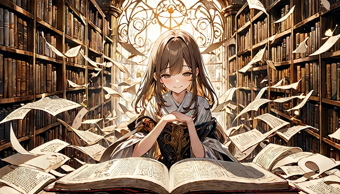 **314. One person。Personification of book pages。The embodiment of book pages that weave knowledge and stories。Cowboy shot or close-up。
masterpiece, best quality, ultra detailed (Detailed fingers), (Emotional), (Breathtakingly beautiful),
(main part: 1.2 Whole body。), (Anime Style), (Very detailed), (Personification of book pages),
(超High resolution, High resolution), (8k), (High resolution: 1.2), (Complex and beautiful: 1.2)**
- background: Quiet library、Scene in front of a shelf lined with old books。
- Personification: Young woman, around 18 years old、Wearing a dress with the texture of old parchment。
-pose: Open the book、Pages spreading out like they're dancing in the wind。
-expression: Intelligent and calm、A smile that tells a story。
- Effects: The pages of the book fly in the wind、An effect in which letters appear around the。
-color: Beige and brown、A color that symbolizes the weight of knowledge and history。