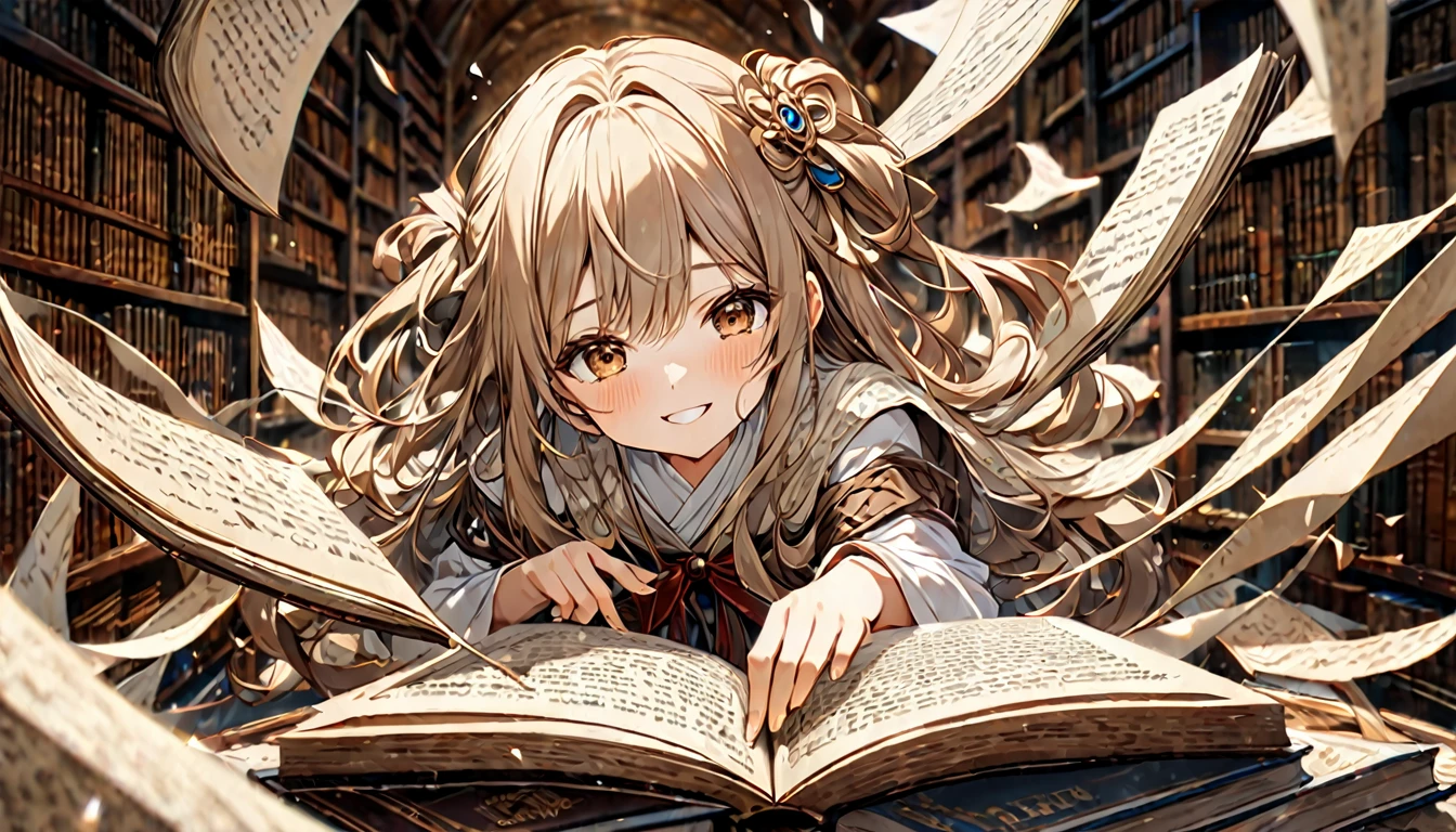 **314. One person。Personification of book pages。The embodiment of book pages that weave knowledge and stories。Cowboy shot or close-up。
masterpiece, best quality, ultra detailed (Detailed fingers), (Emotional), (Breathtakingly beautiful),
(main part: 1.2 Whole body。), (Anime Style), (Very detailed), (Personification of book pages),
(超High resolution, High resolution), (8k), (High resolution: 1.2), (Complex and beautiful: 1.2)**
- background: Quiet library、Scene in front of a shelf lined with old books。
- Personification: Young woman, around 18 years old、Wearing a dress with the texture of old parchment。
-pose: Open the book、Pages spreading out like they're dancing in the wind。
-expression: Intelligent and calm、A smile that tells a story。
- Effects: The pages of the book fly in the wind、An effect in which letters appear around the。
-color: Beige and brown、A color that symbolizes the weight of knowledge and history。
