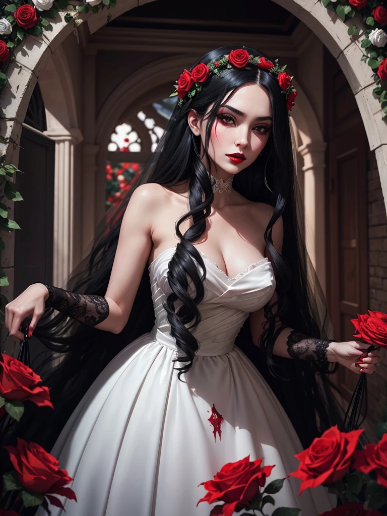 a beautiful evil woman, runaway, bride, long black hair, black eyes, black makeup with cherry red lipstick, white wedding dress with some red stains, knife, wreath veil, background a garden with a sinister arch with black and red roses