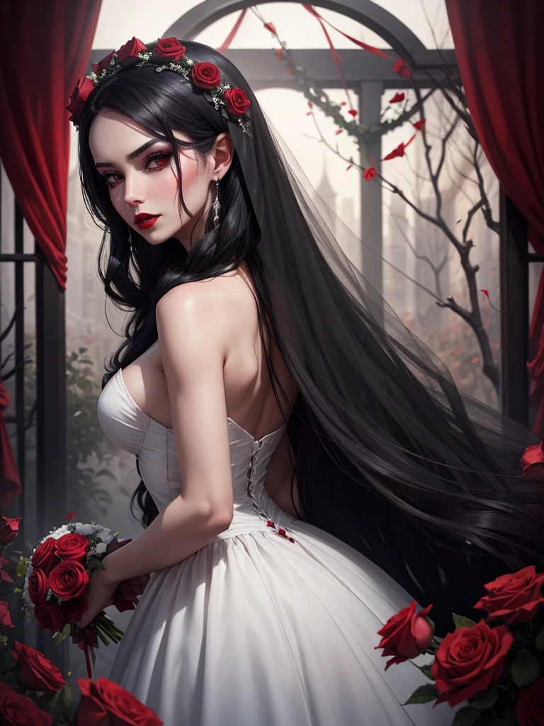 a beautiful evil woman, runaway, bride, long black hair, black eyes, black makeup with cherry red lipstick, white wedding dress with some red stains, knife, wreath veil, background a garden with a sinister arch with black and red roses