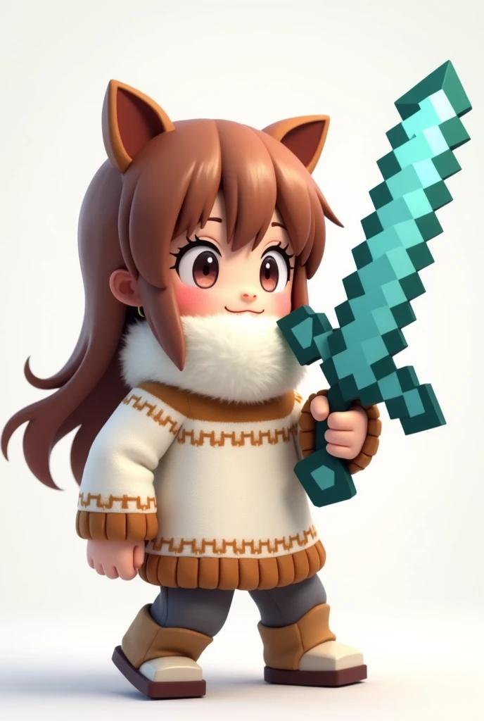 The chibi anime character is wearing a white scarf.、Wearing a white and brown sweater、I'm using a diamond sword from Minecraft。