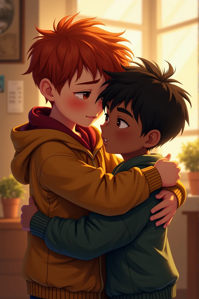 Rony Weasley (A red-haired boy) hugging Yoon Gwi Nam (a dark-skinned boy with a scar over his right eye) 