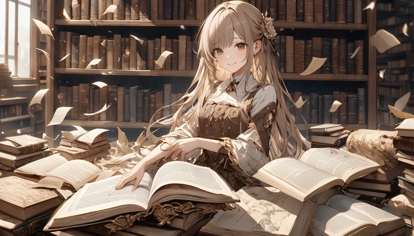 **314. One person。Personification of book pages。The embodiment of book pages that weave knowledge and stories。Cowboy shot or close-up。
masterpiece, best quality, ultra detailed (Detailed fingers), (Emotional), (Breathtakingly beautiful),
(main part: 1.2 Whole body。), (Anime Style), (Very detailed), (Personification of book pages),
(超High resolution, High resolution), (8k), (High resolution: 1.2), (Complex and beautiful: 1.2)**
- background: Quiet library、Scene in front of a shelf lined with old books。
- Personification: Young woman, around 18 years old、Wearing a dress with the texture of old parchment。
-pose: Open the book、Pages spreading out like they're dancing in the wind。
-expression: Intelligent and calm、A smile that tells a story。
- Effects: The pages of the book fly in the wind、An effect in which letters appear around the。
-color: Beige and brown、A color that symbolizes the weight of knowledge and history。