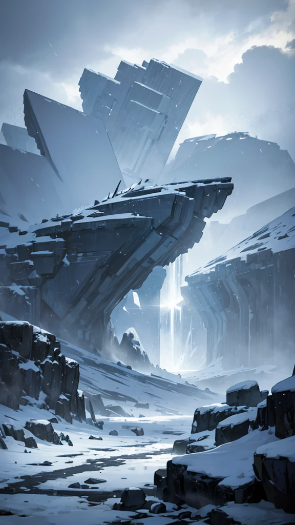 Anime-like snowy landscape with storm