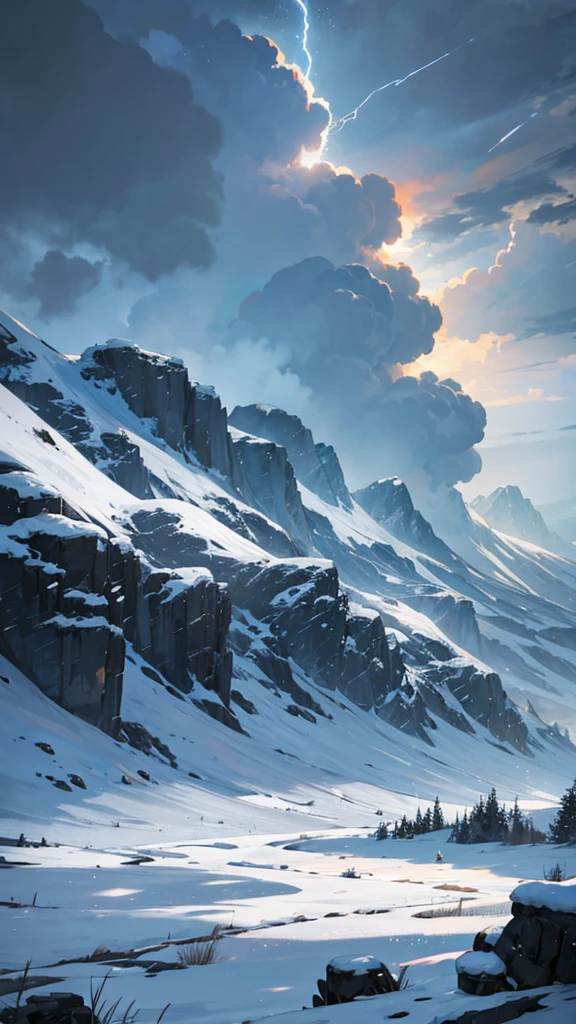 Anime-like snowy landscape with storm
