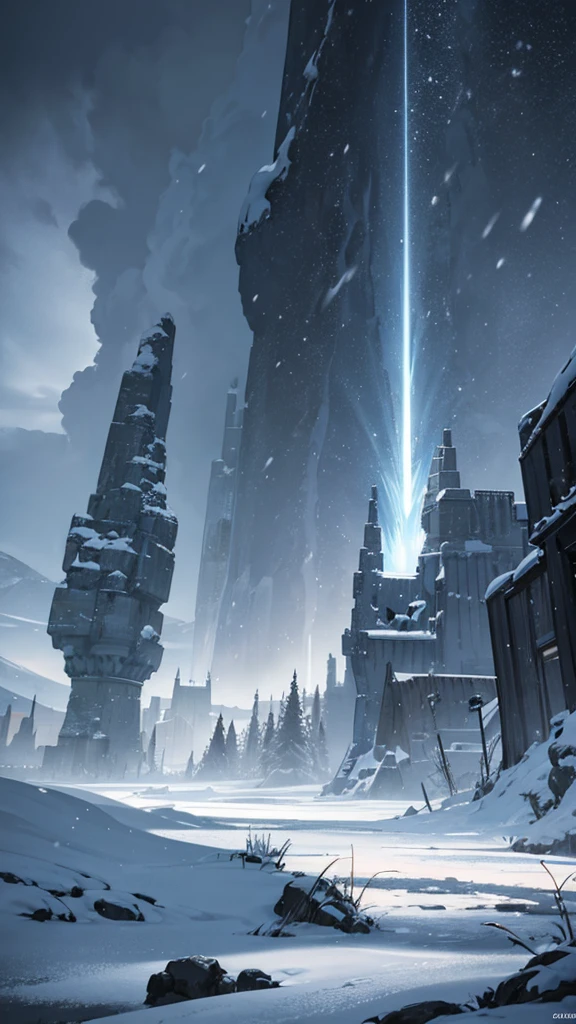 Anime-like snowy landscape with storm