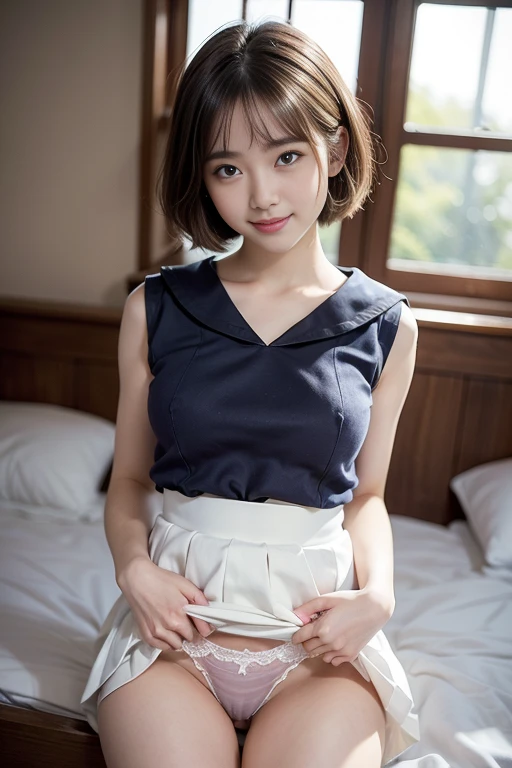 (masterpiece, 高いest quality:1.2), 8k, Official Art, RAW Photos, Unbelievably absurd, (Sleeveless sailor suit、Pleated skirt:1.4), A stunningly beautiful 15-year-old high school girl, ((both handsでスカートを持って))、Sitting on the bed、驚くほどかわいいsmile, 、smile、 (Pleated skirt:1.1), close, , Short sleeve, smileで聴衆を見てください, No makeup, Film Grain, chromatic aberration, Sharp focus, Face Light, Dynamic Lighting, Cinema Lighting, Detailed eyes and face,short hair、(((White skin)))、Bright bedroom、super slim t高いs、((Lace-trimmed realistic panties、Beautiful crotch))、((((both hands)))),((((Looks very young:1.3))))、(Very young and big boobs:1.2)、Lace stockings up to the thigh、Sparkling eyes、Lip gloss、
