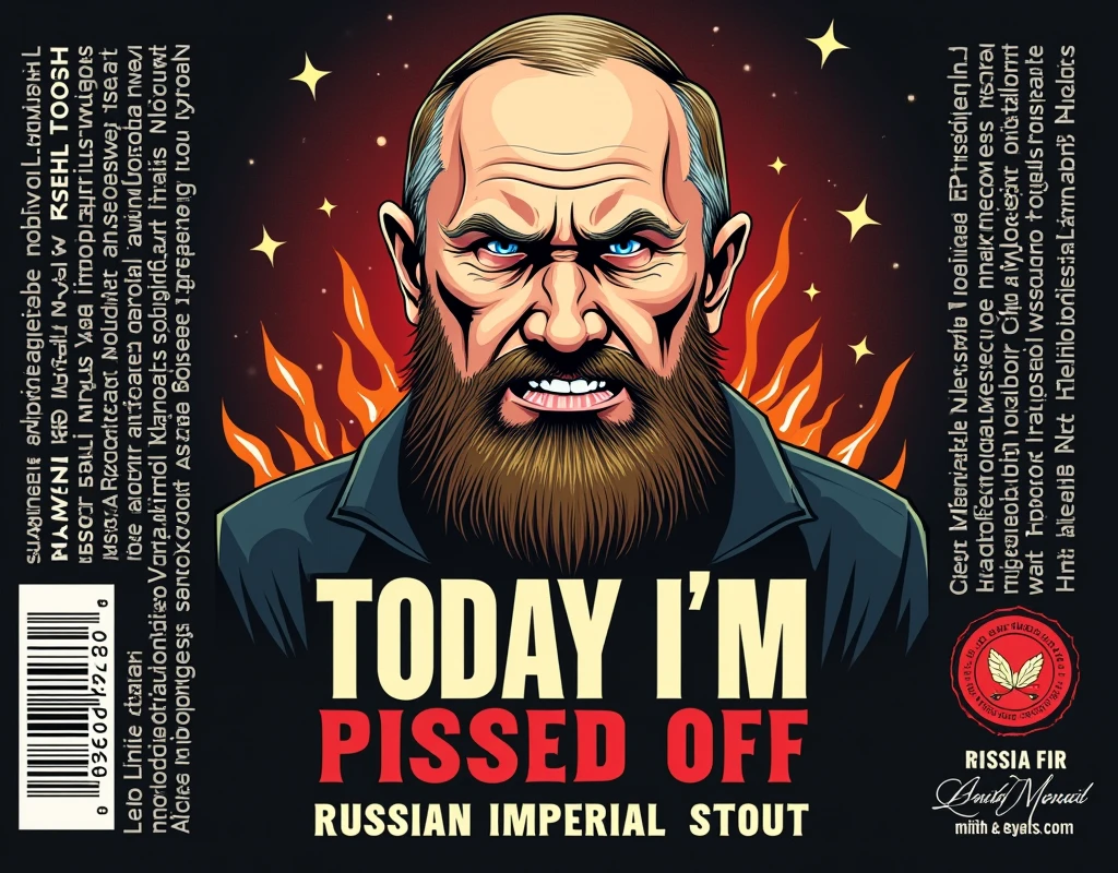 Beer label with the name TODAY I'M PISSED OFF, Russian Imperial Stout with a drawing of a very short, dwarfish and angry Putin
