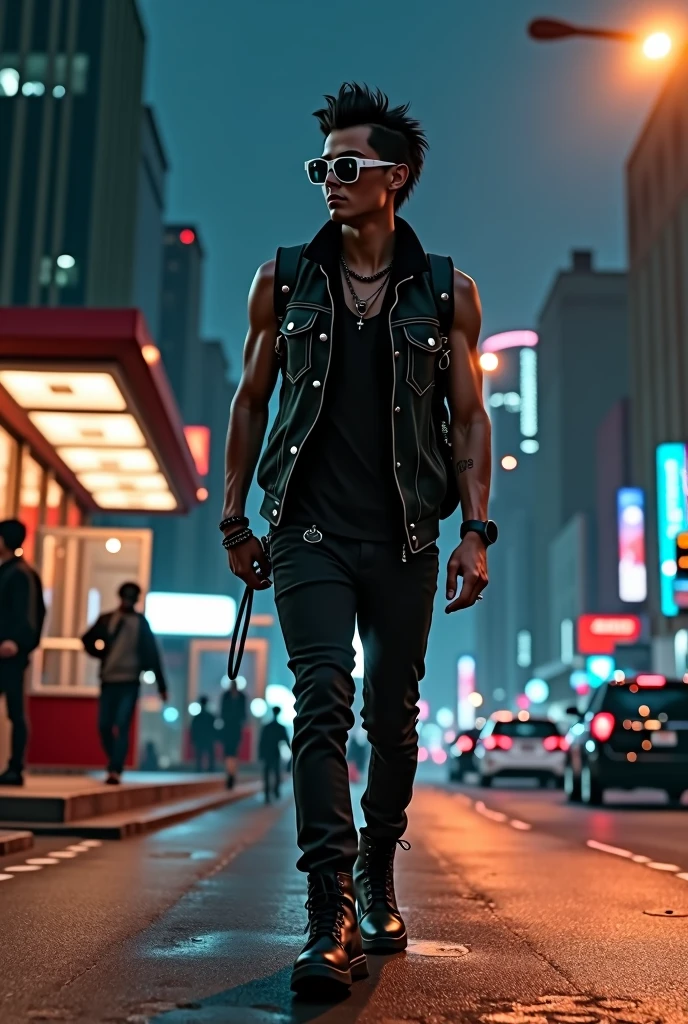 Young man, black hair, white sunglasses,  rock'n roll style black clothes, combat boots, black vest, backpack on his back, walking along a street at night, bus stop behind him, lamppost lighting on top of him, city background at night with bus stop, behind him, full body image
