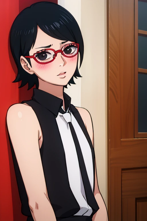 short black hair, Cute girls, sensual lip, Astringent, Blushing and shy, Cool drag, wearing glasses, sleeveless
