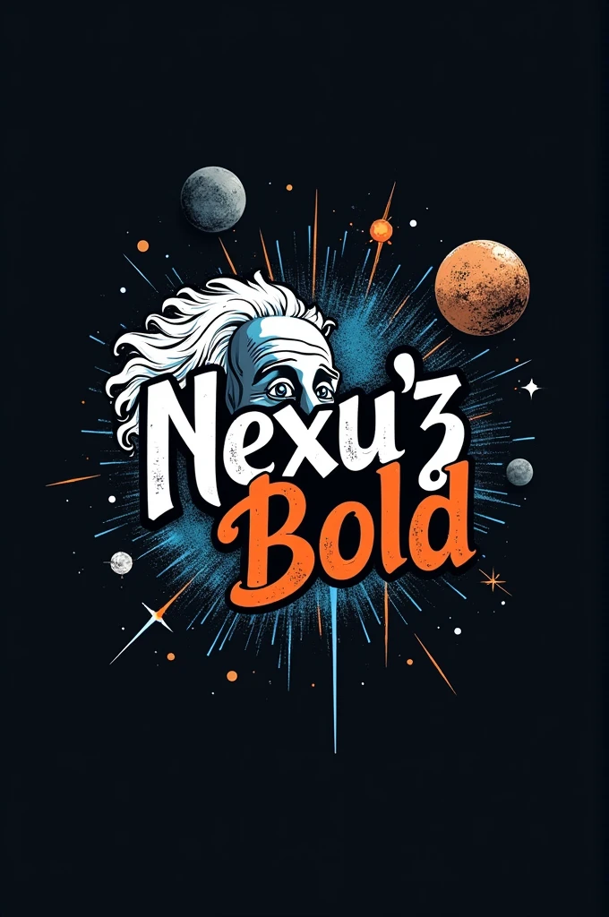 I want a logo for my urban clothing brand with minimalist graffiti style letters and these ideas Text: "Nexu&#39;z Bold" in graffiti style.
Visual Elements: Einstein&#39;s hair styled as part of the design, mixed with astronomical elements such as stars and planets.
colors: Use black and grey for an urban touch, with blue accents, orange, white and silver to represent physics.
urban style: Incorporate textures and details like graffiti, urban patterns and spray effects