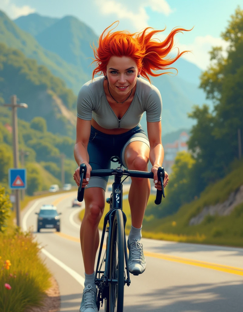 redhead girl riding a DOGMA road bike