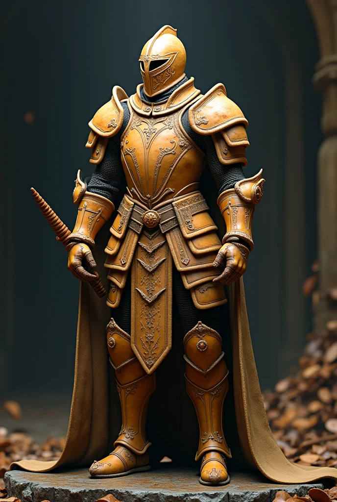 A complete suit of armor made entirely out of cookies. The armor is a medieval style of dark souls elegant and is made up of cookies and the helmet cover all the head and have a mask to protect his face and the helmet is made up cookies too. armor with high movility with a long sword medieval made up of cookies too. slim with clothes made up of cookies too
