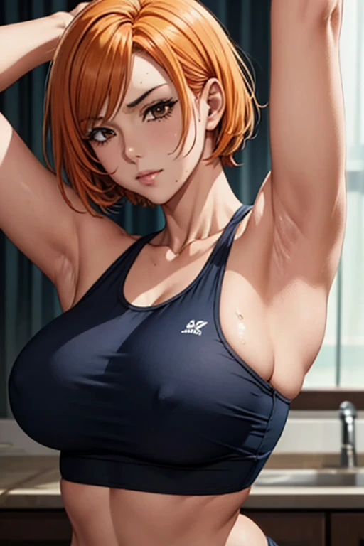 a picture, inspired by Kentaro Miura, trending on pixiv, Kugisaki Nobara, Jujutsu Kaisen, blue croptop, wearing a low cut croptop, wearing croptop, golden raito, (winking), shirobako, orange hair, short hair, large breasts, favorite scene, fine details. anime. skins, sweating, big breasts, both hands raised, armpits, armpits visible, sweaty armpits
