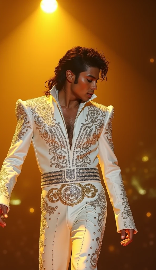 Michael Jackson, reimagined as Elvis Presley, performs on stage in a shimmering white jumpsuit adorned with rhinestones. His trademark gloves and stylish, sequined attire blend with Elvis’s iconic look. Jackson’s smooth, agile dance moves and dramatic, emotive gestures contrast with the classic rock-and-roll flair of Presley. His face, marked by a mix of concentration and passion, reflects the emotional depth of his performance. The stage lights cast a golden hue, creating an aura of nostalgic glamour and capturing the fusion of two legendary entertainers in a moment of mesmerizing, timeless artistry.