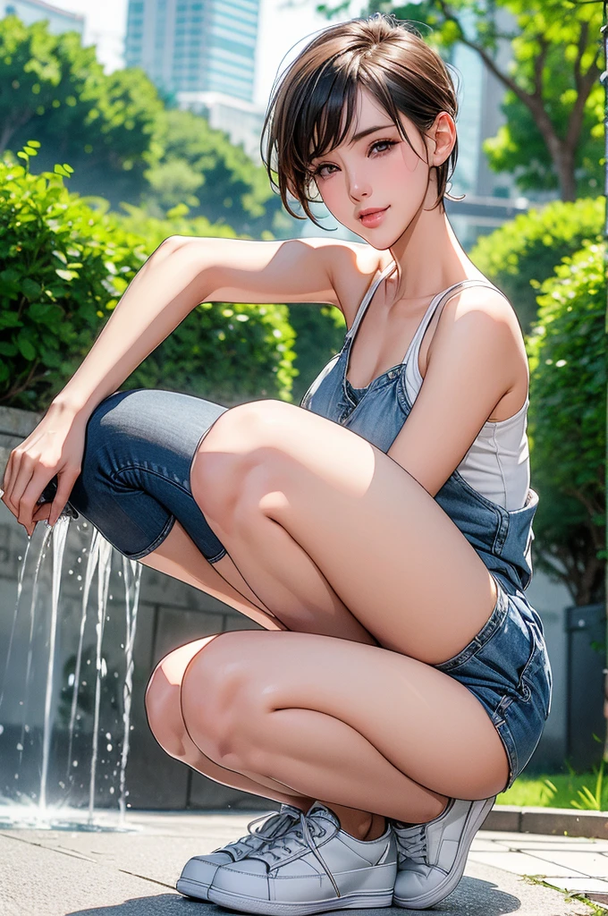 High resolution, beautiful woman, pretty face, symmetrical eyes, smiling face, model-like proportions, short bob hair, tight tiny tank top, denim micro mini skirt, white panties, pantyhose, sneakers, sports watch, squatting with legs apart, daytime park, fountain, blurred background, highlighted outline of figure,