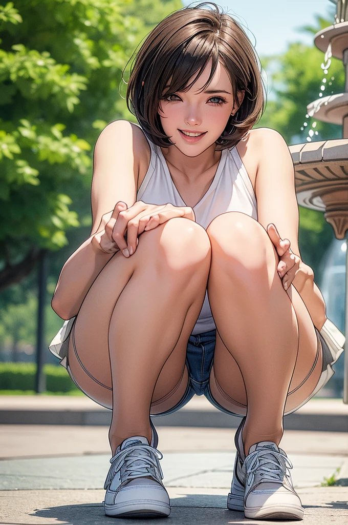 High resolution, beautiful woman, pretty face, symmetrical eyes, smiling face, model-like proportions, short bob hair, tight tiny tank top, denim micro mini skirt, white panties, pantyhose, sneakers, sports watch, squatting with legs apart, daytime park, fountain, blurred background, highlighted outline of figure,