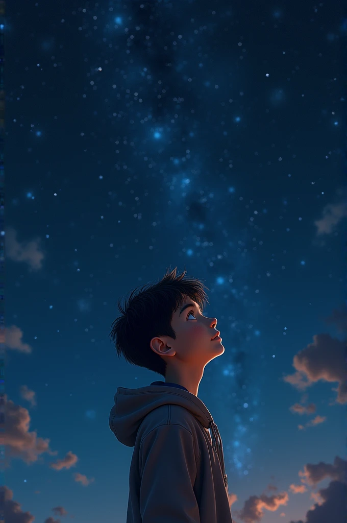 A sky looking teenager boy at space 
