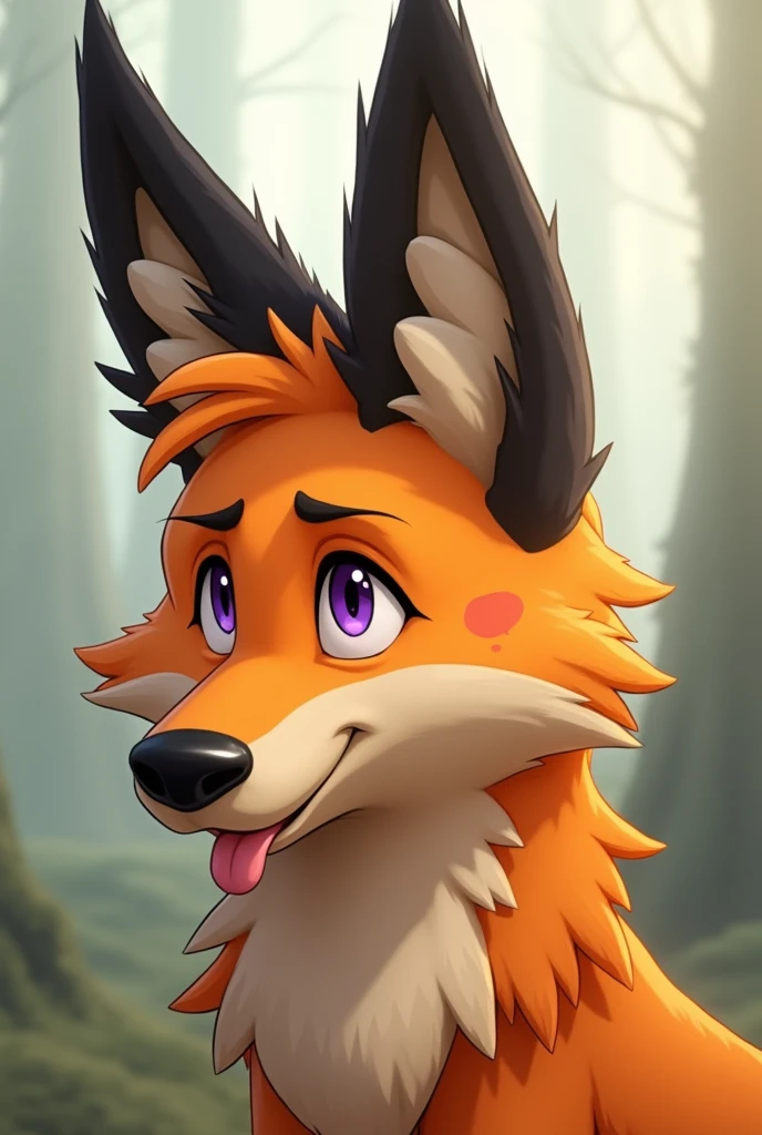 solo person,shaggy male,furry,coyote,canid,orange fur,a purple eye,fullnude,Stick out your tongue,Shy,There a blush on the face,The top of the head black,Black ears,Eyes with longing,drools