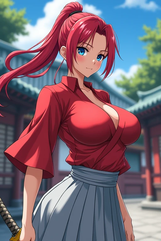 Anime Japanese female Shrine maiden Crimson hair Low ponytail Blue eyes One samurai sword on left hip Scarlet shirt Light grey skirt Large breasts Large buttocks