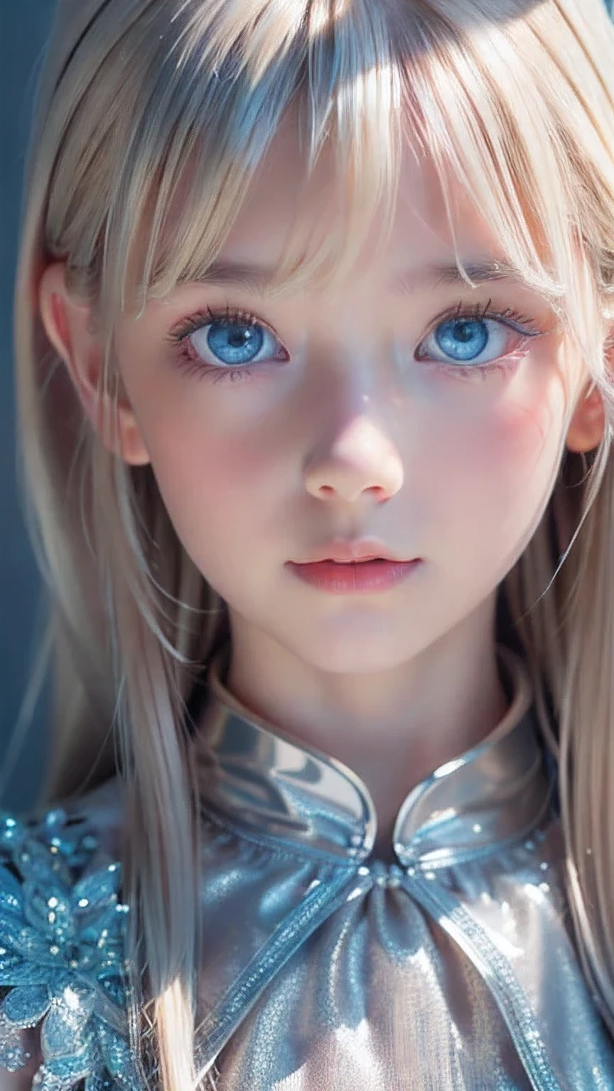 highest quality、8K Masterpiece、Ultra-high resolution、(Realistic:1.3)、RAW Photos、14 year old girl of Scandinavian descent with shiny blonde hair、Silvery blonde hair、Super long straight hair、Bangs between the eyes、bangs over eyes、片bangs over eyes、Bangs between the eyes、White and lustrous skin、1. Cyberpunk Super Beautiful Soldier、((Ultra-Realistic Details))、Portraiture、Global Illumination、Shadow Realm、Octane Rendering、8K、Super sharp、Metal、Cold colors、、Very intricate details、Realistic Light、CG Association Trends、Very beautiful, large light blue eyes、Very big eyes、Eyes shining towards the camera、Neon Details、Small Face Beauty、Round face、Cheek highlight