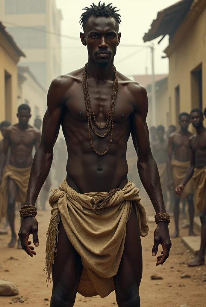 A slave who was fighting to gain his , in the revolt of evils in Salvador Bahia in 1835 and he has to be standing with slave clothes covering his private parts without many resources the slave has to be thin without being very handsome