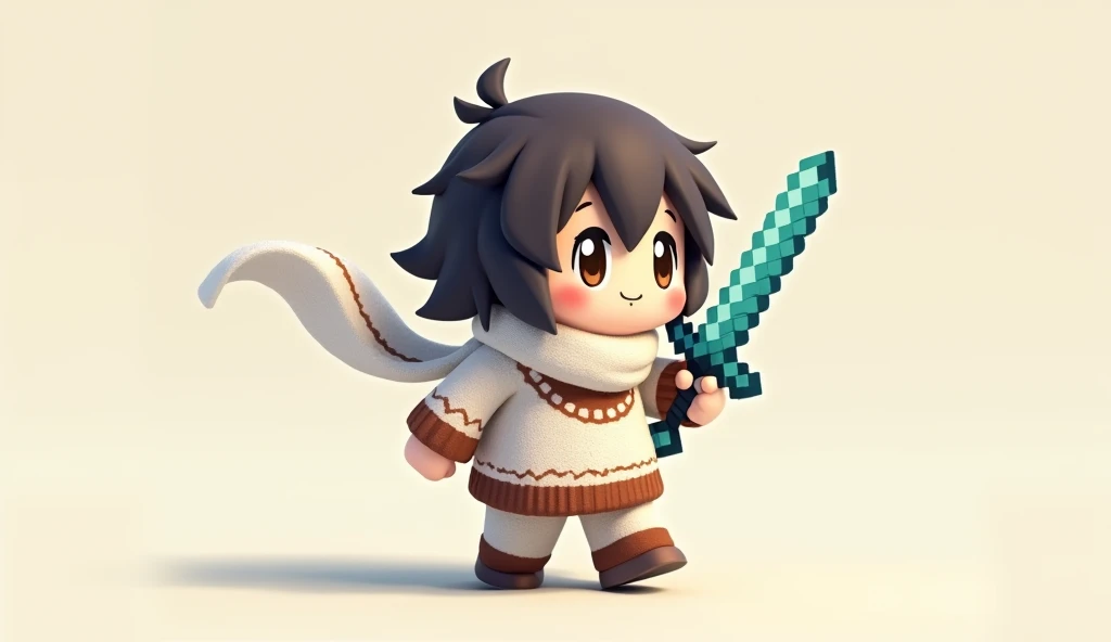The chibi anime character is wearing a white scarf.、Wearing a white and brown sweater、I'm using a diamond sword from Minecraft。
