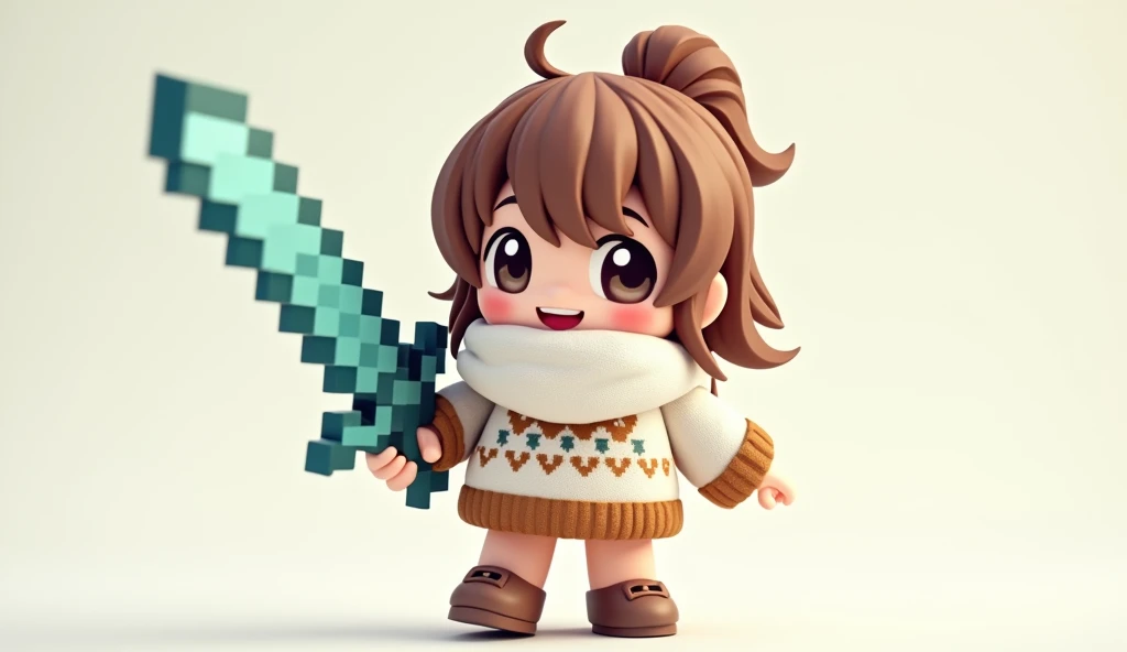 The chibi anime character is wearing a white scarf.、Wearing a white and brown sweater、I&#39;m using a diamond sword from Minecraft。