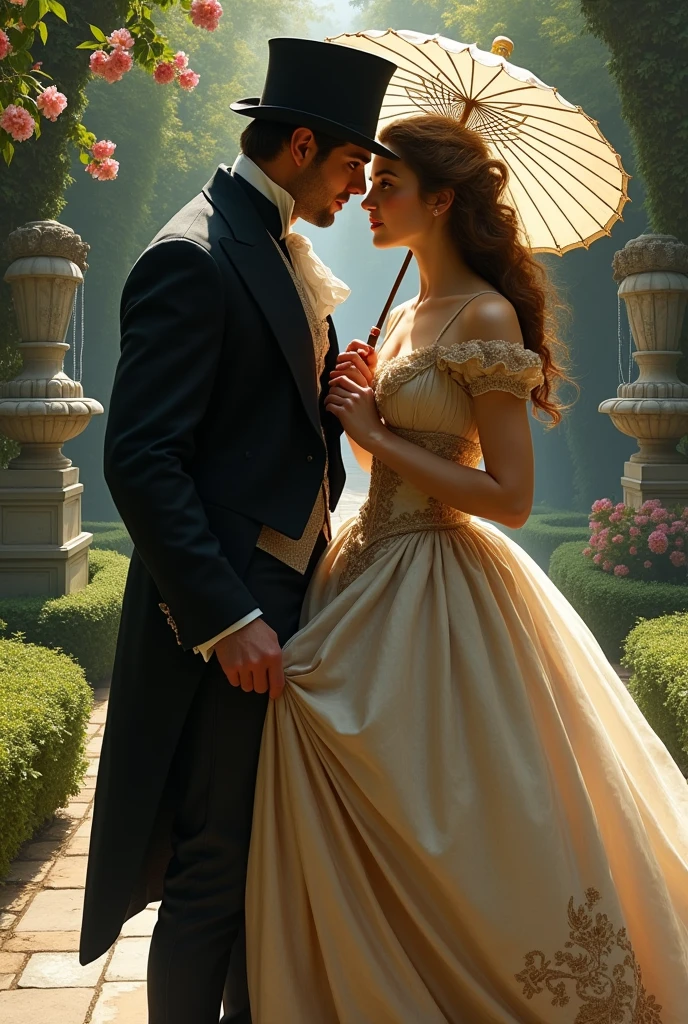man lifting a woman's skirt slightly in 19th century clothing