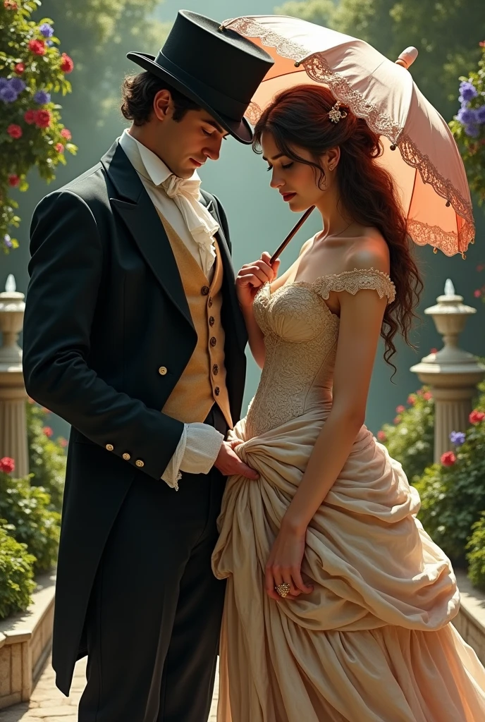 man lifting a woman&#39;s skirt slightly in 19th century clothing