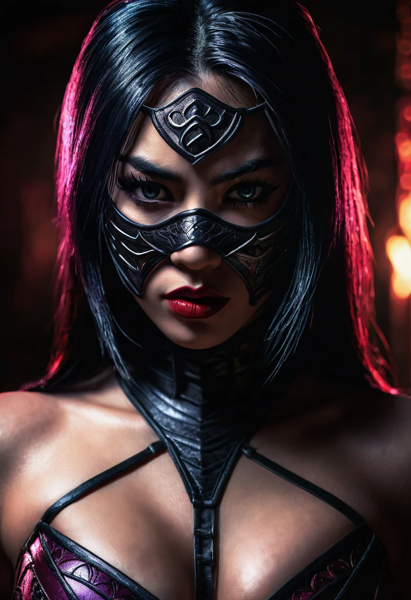 mileena from mortal kombat, masked, full body, beautiful detailed eyes, beautiful detailed lips, extremely detailed face and skin, long eyelashes, deadly assassin, dark fantasy, gothic, chiaroscuro lighting, moody atmosphere, dramatic pose, mysterious, cinematic, 8k, ultra-detailed, photorealistic, masterpiece, vibrant colors, dramatic lighting, full body