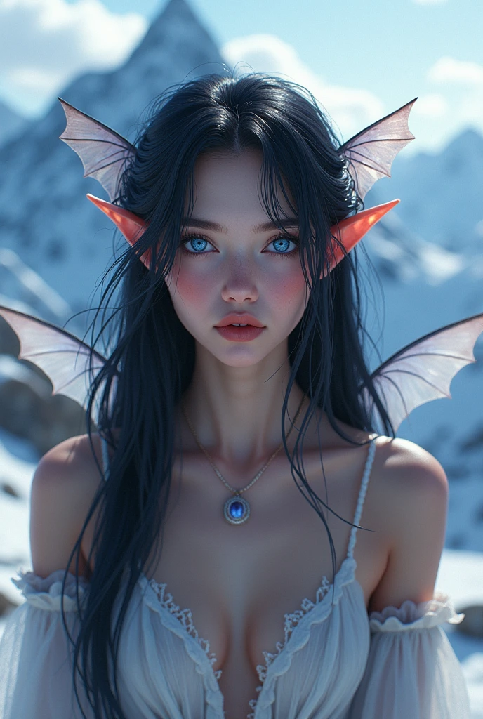 A fae female who has human features with eyes so blue they look like violet, white skin, long black silky hair, and cute bat wings with a clear mountain background.