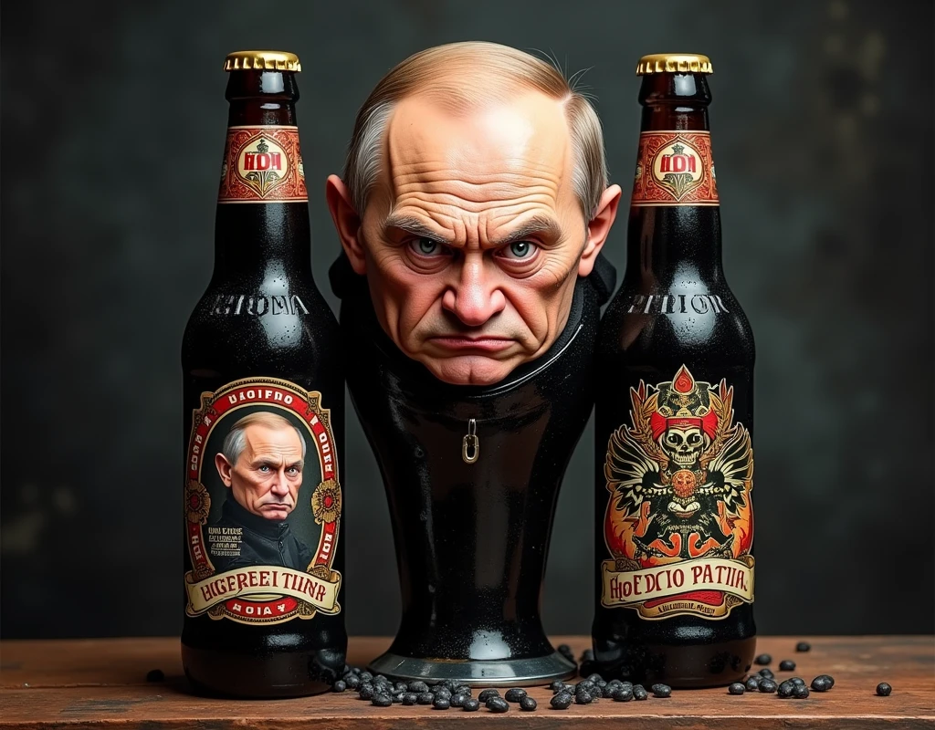 Beer in Portuguese with the name HOJE EU TO PITTY, Russian Imperial Stout with a drawing of a very short, dwarfish and angry Putin