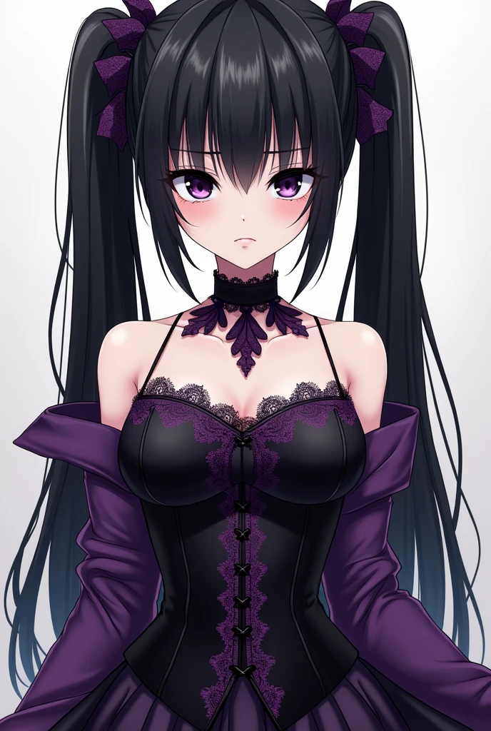 Kizi, black anime eyes, pale skin frowning face, black hair with two long straight ponytails with bangs, black corset with purple lace and black and purple skirt, anime styling.