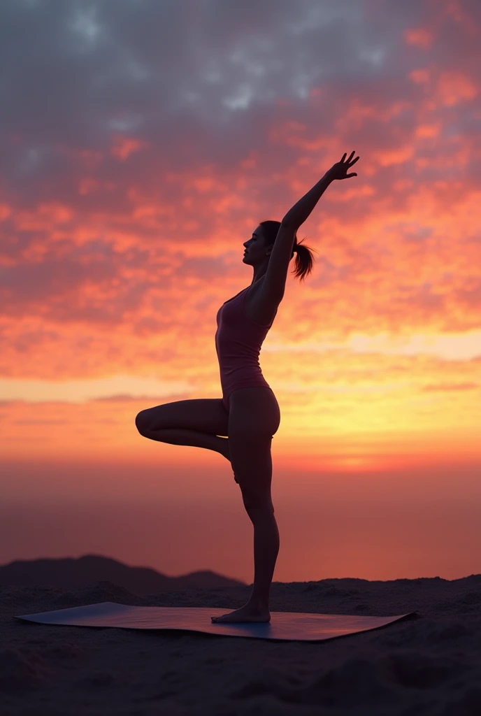 (Best Quality,4k,8k,High resolution,masterpiece:1.2),ultra detailed,(realist,photorealist,photo-realist:1.37),Sky at dawn,silhouette,[women],[doing yoga],[30 years],(yoga mat),ethereal feeling,postures.