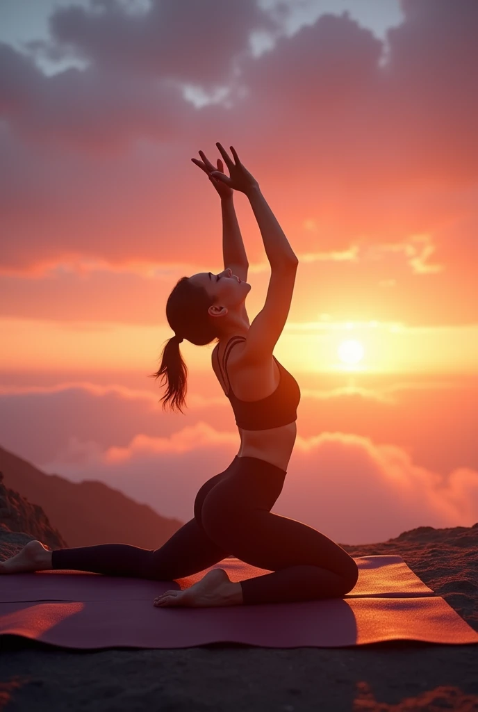 (Best Quality,4k,8k,High resolution,masterpiece:1.2),ultra detailed,(realist,photorealist,photo-realist:1.37),Sky at dawn,silhouette,[women],[doing yoga],[30 years],(yoga mat),ethereal feeling,postures.