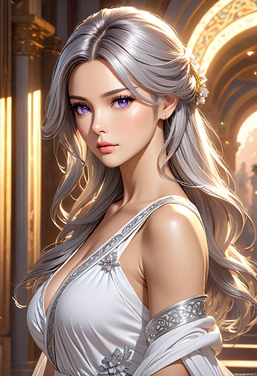 ((best quality)), ((artwork)), ((extremely detailed face)), ((perfect lighting)), ((extremely detailed CG)), ((perfect hands, perfect anatomy)),
Appearance= Tall, busty, athletic, toned, pretty face, high cheekbones, sharp jawline, button nose, full lips; violet eyes; long, flowing silver hair
Personality= Hyperactive, determined, naughty, smart
Occupation= Dawnstar, Princess Starfall
Reputation= The most beautiful woman in the world
Clothing= Long sleeveless dress white greek style